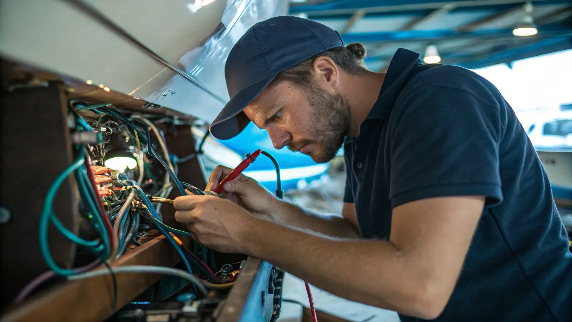 Marine electrician testing yacht electrical systems